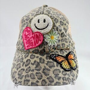 HG Trucker Hat Tan Leopard Print Butterfly Smiley Heart Patches Distressed